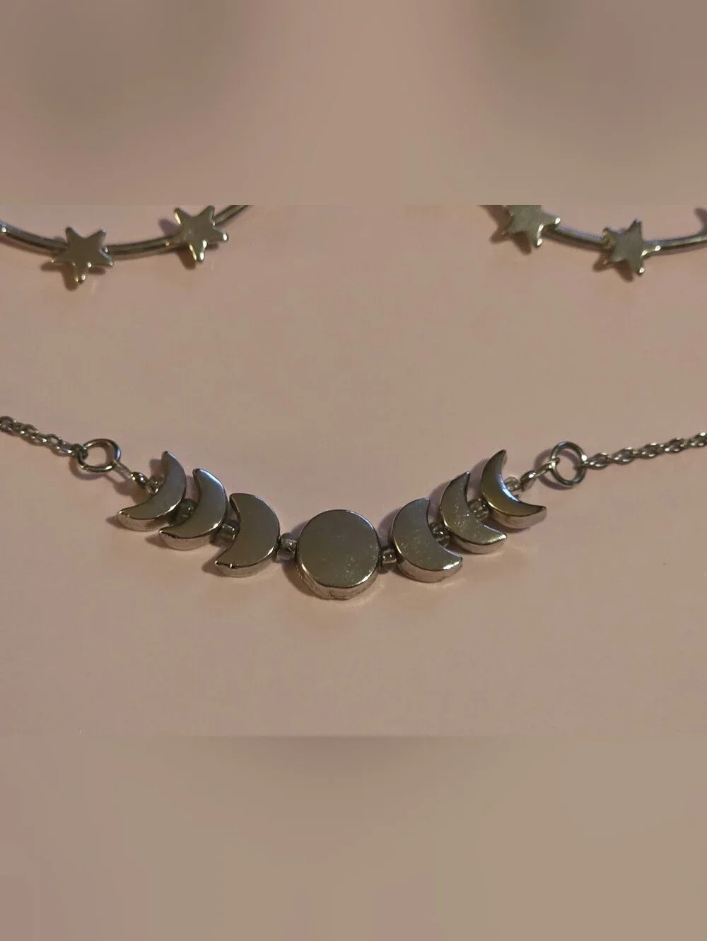 Silver-Toned Star Hoop Earrings and Moon Phase Necklace Set